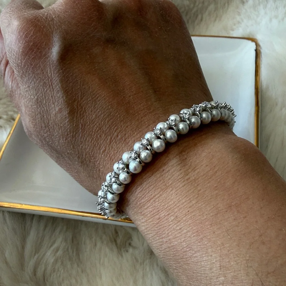 Baby Pearl CZ Bracelet | Silver Tone | Double Clasp | 7” - Picture 5 of 8